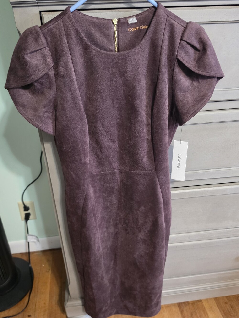 Calvin Klein Brown Suede-Feel Puff Sleeve Midi Dress